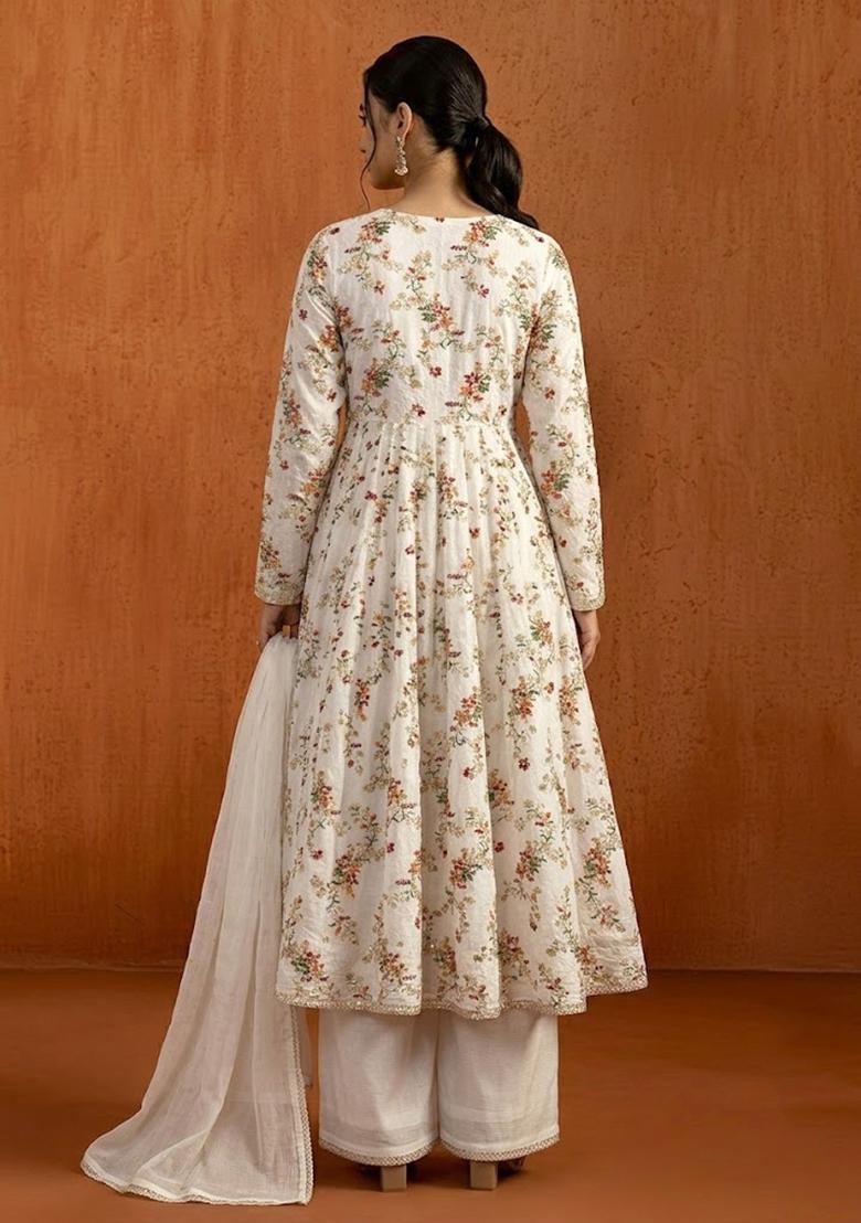 Off White Embroidered Crepe Anarkali Set - Indya