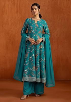Teal Blue Embroidered Crepe Anarkali Set