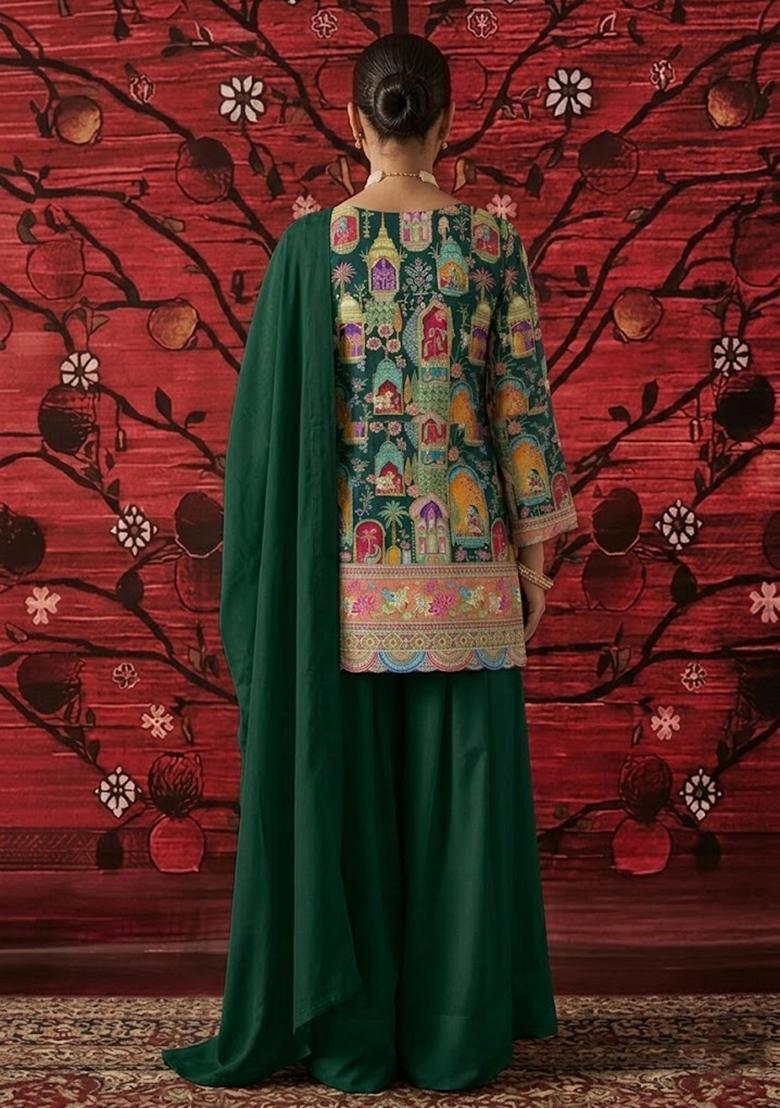 Bottle Green Printed Crepe Sharara Set - Indya