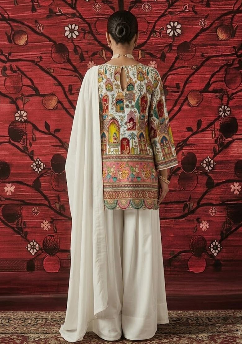 Off White Printed Crepe Sharara Set - Indya