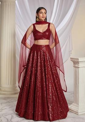 Red Sequin Net Lehenga Set