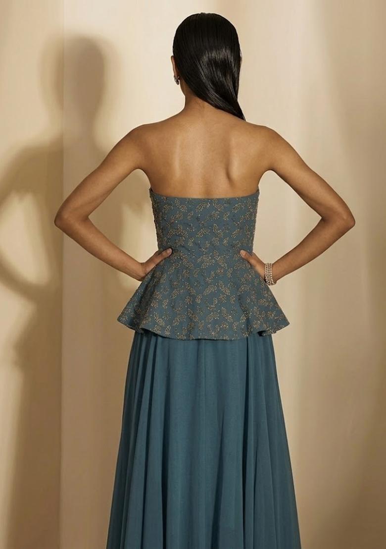 Teal Blue Embroidered Net Fusion Set - Indya