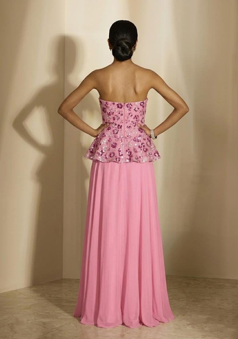 Bubblegum Pink Embroidered Net Fusion Set - Indya