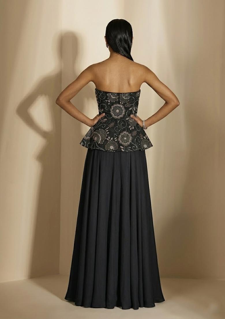 Jet Black Embroidered Net Fusion Set - Indya