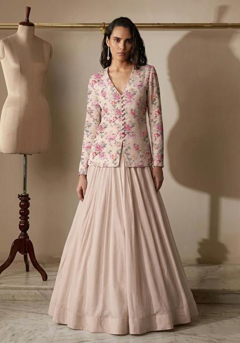 Blush Pink Printed Organza Fusion Set