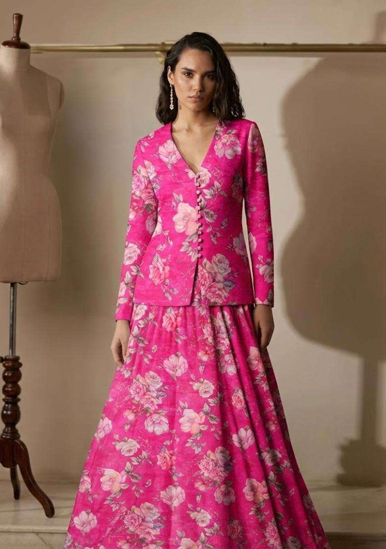 Rani Pink Printed Organza Fusion Set - Indya