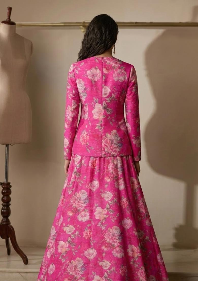 Rani Pink Printed Organza Fusion Set - Indya