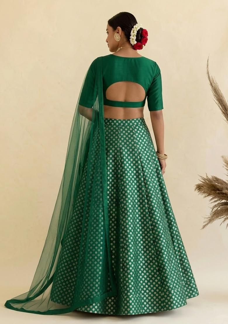 Bottle Green Silk Blend Lehenga Set - Indya