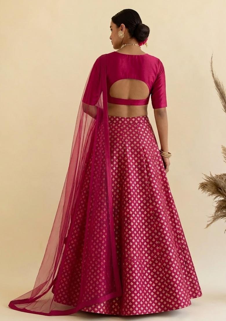 Hot Pink Silk Blend Lehenga Set - Indya