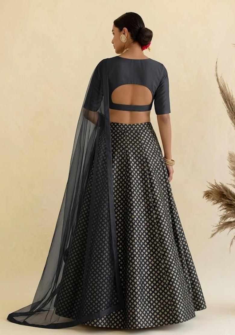 Grey Silk Blend Lehenga Set - Indya
