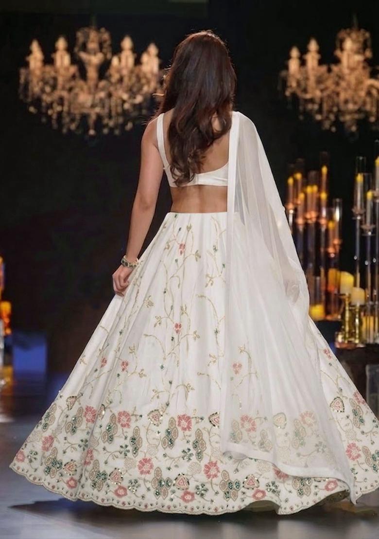 White Embroidered Cosmos Lehenga Set - Indya