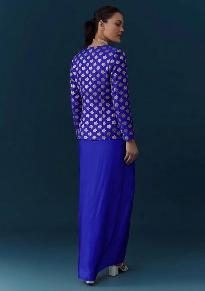 Royal Blue Brocade Fusion Set - Indya