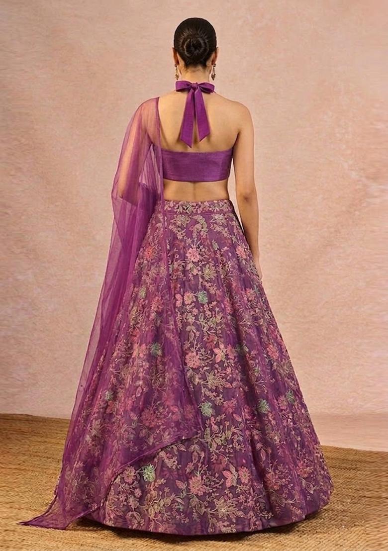 Plum Purple Printed Crepe Lehenga Set - Indya