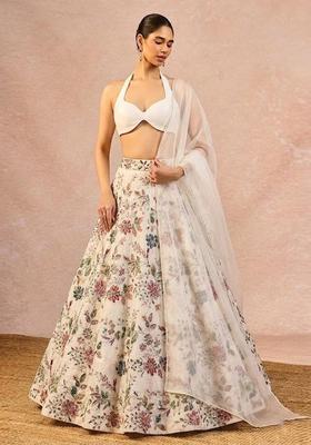 Off White Printed Crepe Lehenga Set