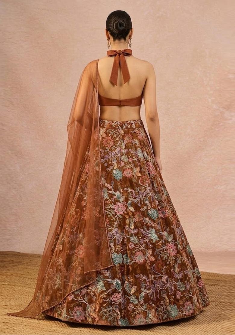 Rust Brown Printed Crepe Lehenga Set - Indya