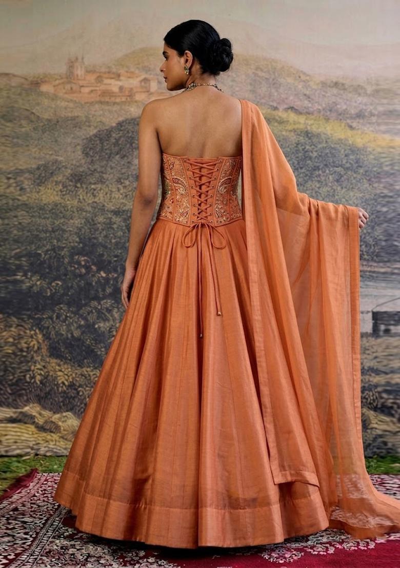 Peach Printed Crepe Lehenga Set - Indya