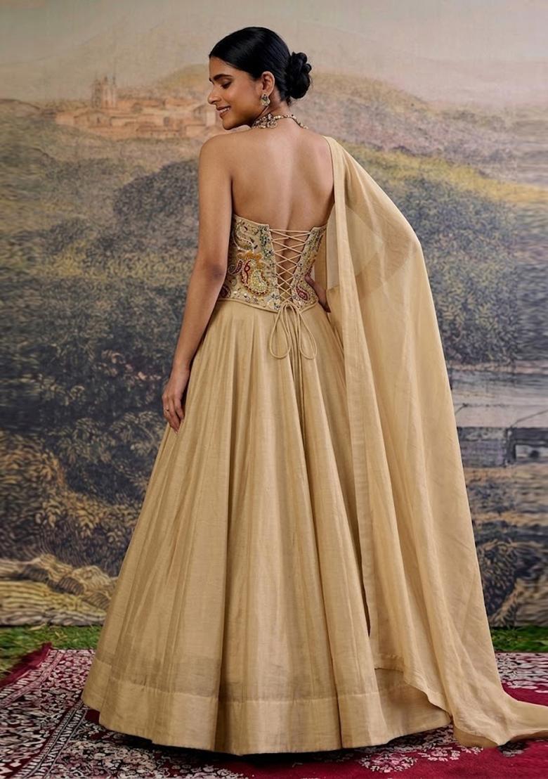 Beige Printed Crepe Lehenga Set - Indya