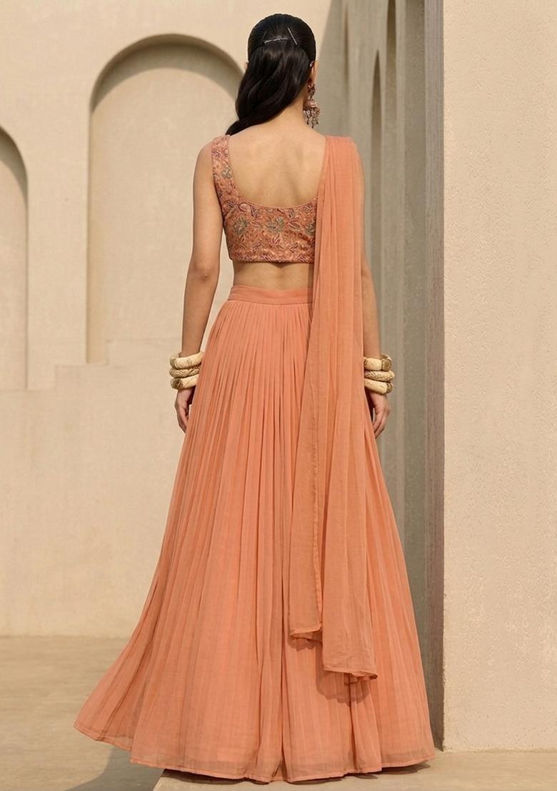 Peach Orange Printed Crepe Lehenga Set - Indya