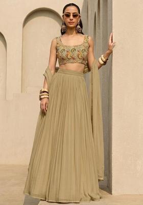 Beige Printed Crepe Lehenga Set