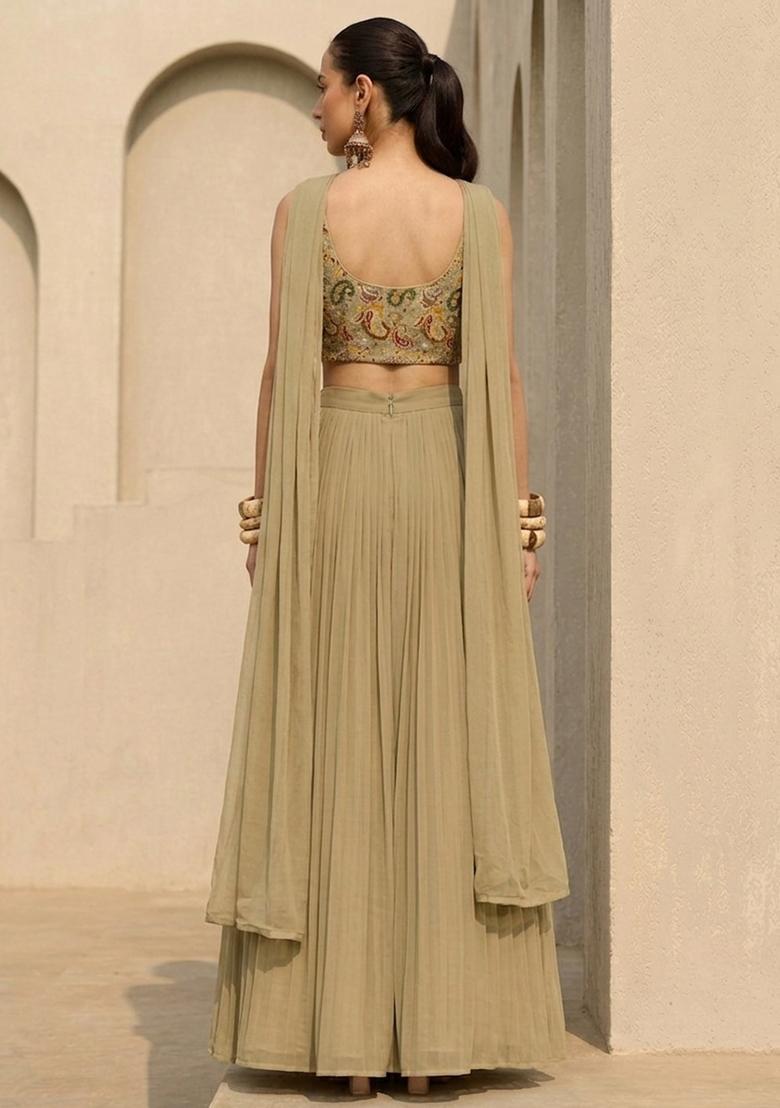 Beige Printed Crepe Lehenga Set - Indya
