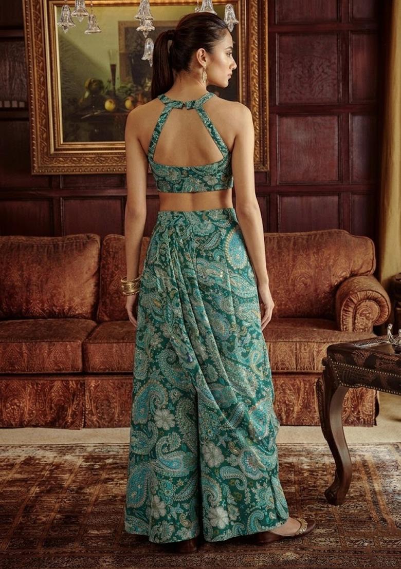 Teal Green Printed Crepe Fusion Set - Indya