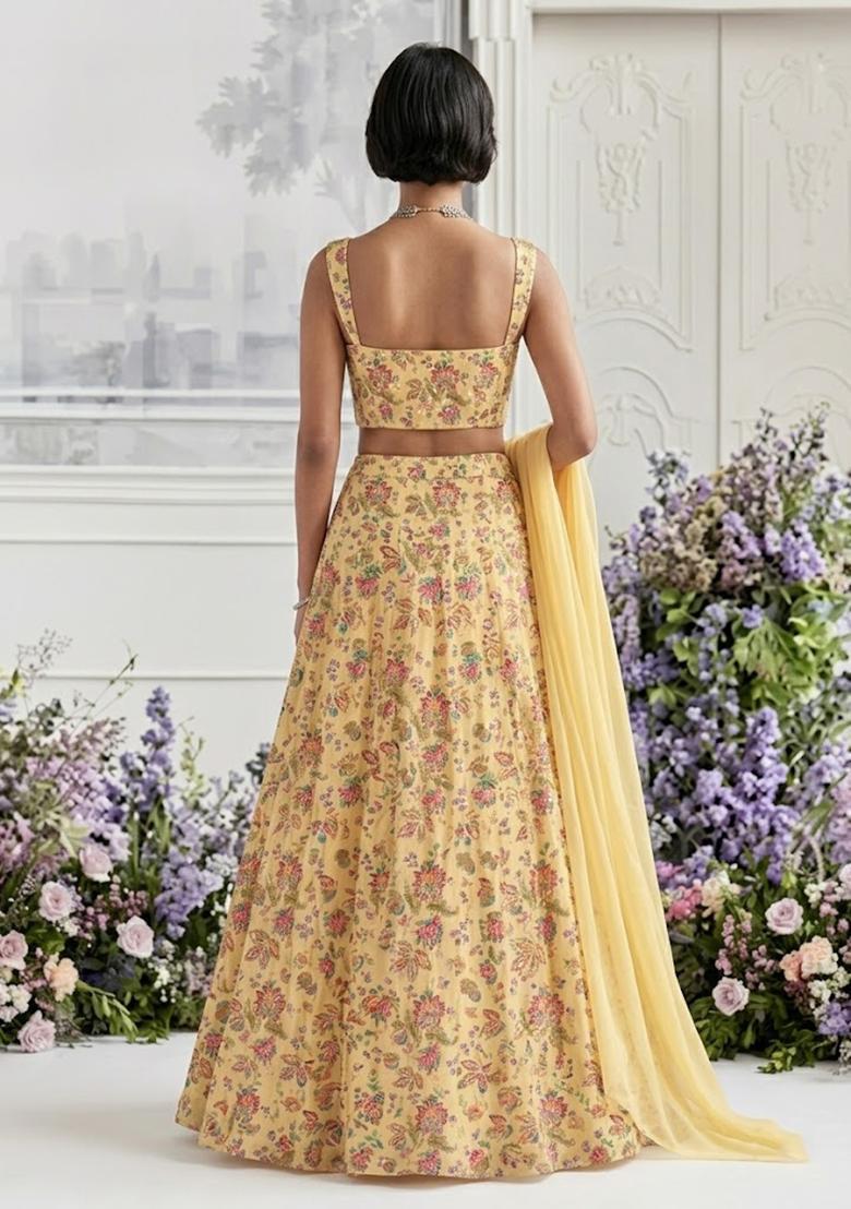 Pastel Yellow Printed Organza Lehenga Set - Indya