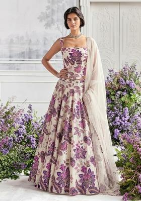 Off White Printed Organza Lehenga Set