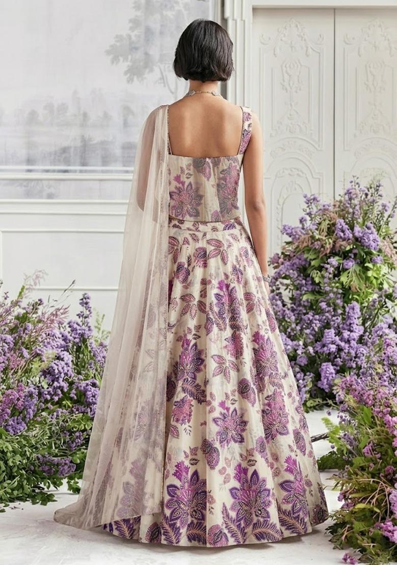 Off White Printed Organza Lehenga Set - Indya