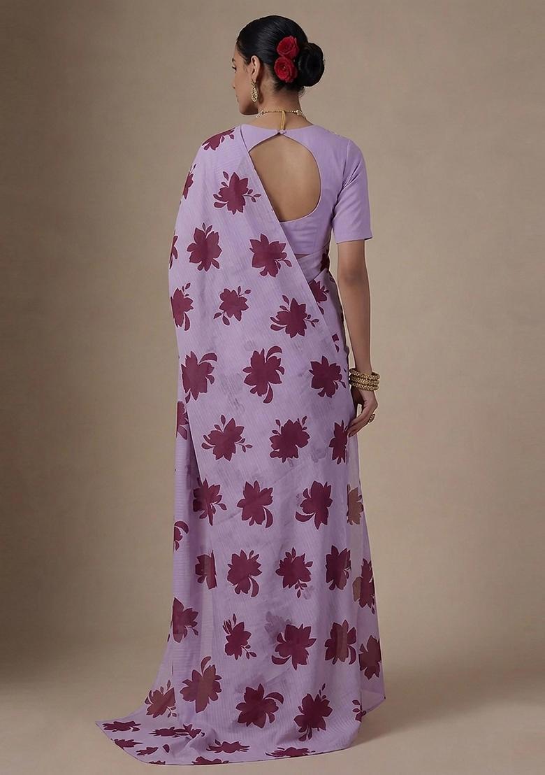 Lavender Purple Printed Pre Draped Saree Set - Indya