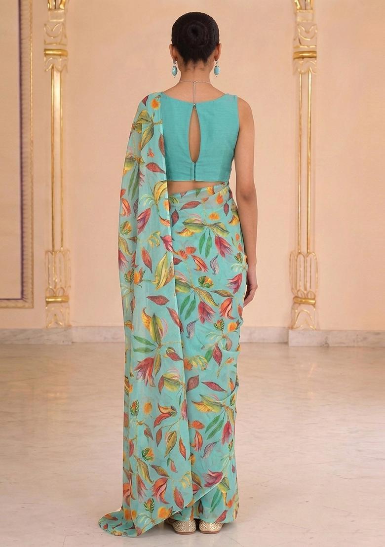 Sky Turquoise Blue Printed Pre Draped Saree Set - Indya