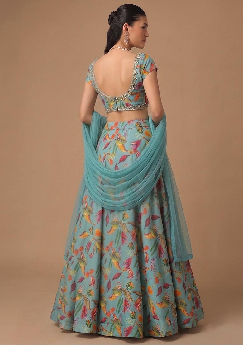 Sky Turquoise Blue Printed Lehenga Set - Indya