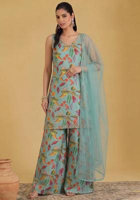 Sky Turquoise Blue Printed Sharara Set