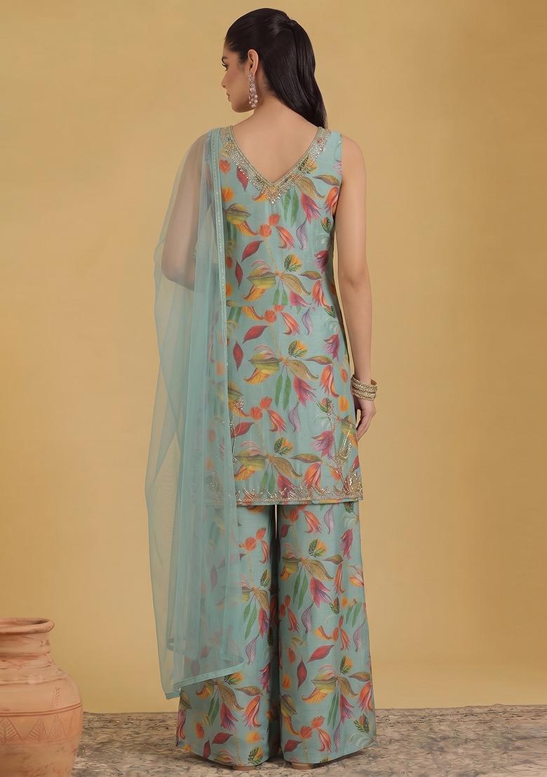 Sky Turquoise Blue Printed Sharara Set - Indya