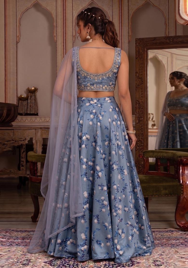 Steel Blue Printed Lehenga Set - Indya