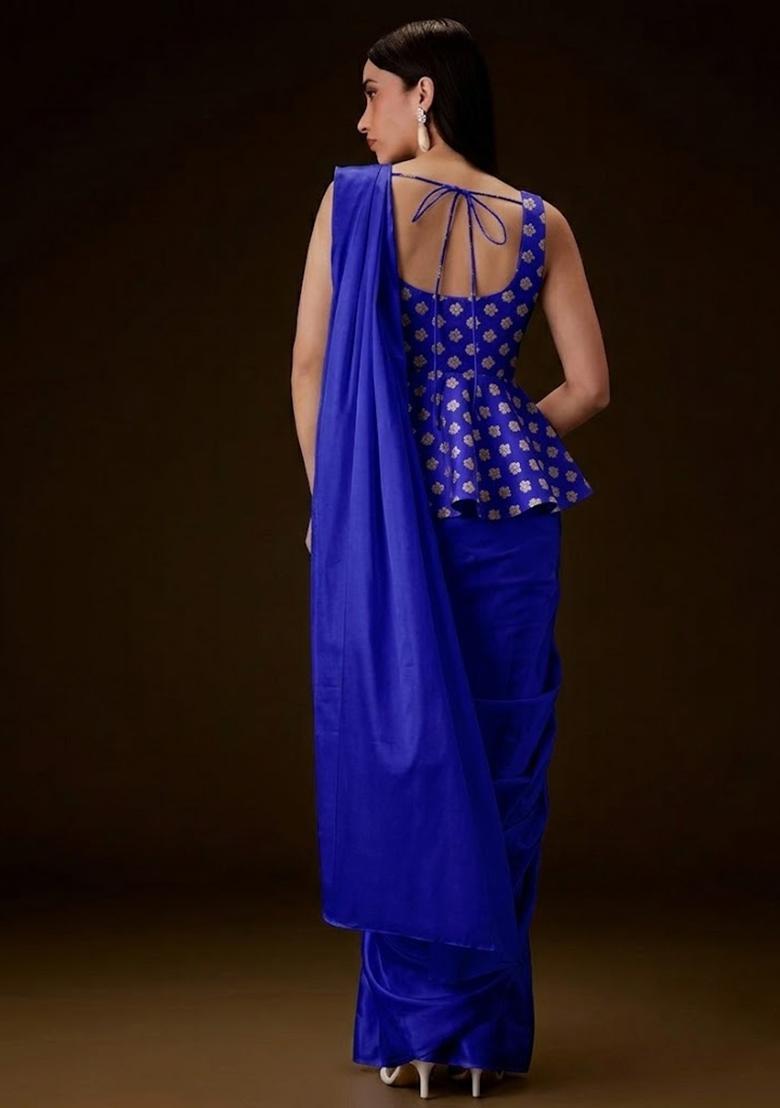 Royal Blue Brocade Pre Draped Saree Set - Indya