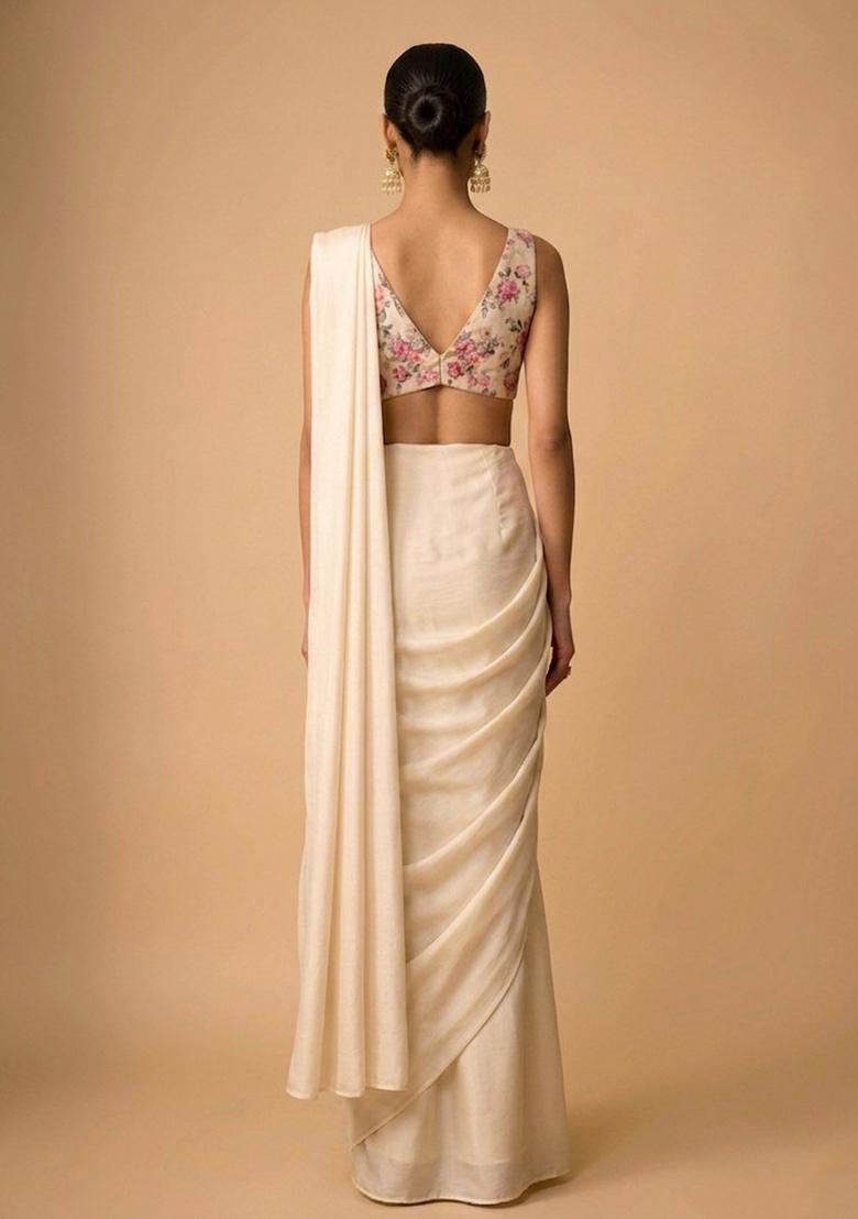 Ivory White Printed Organza Pre Draped Saree Set - Indya