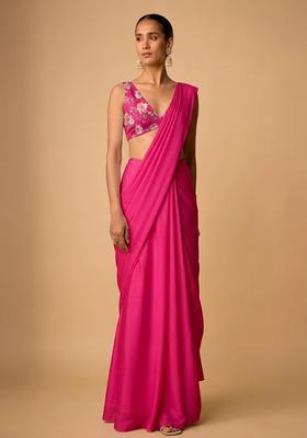 Rani Pink Printed Organza Pre Draped Saree Set