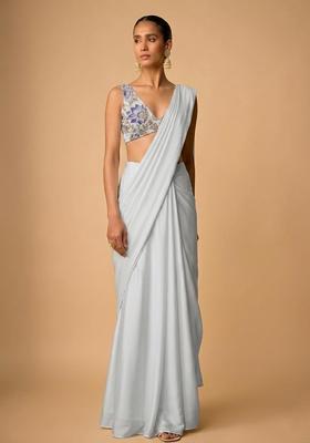 Powder Blue Printed Organza Pre Draped Saree Set