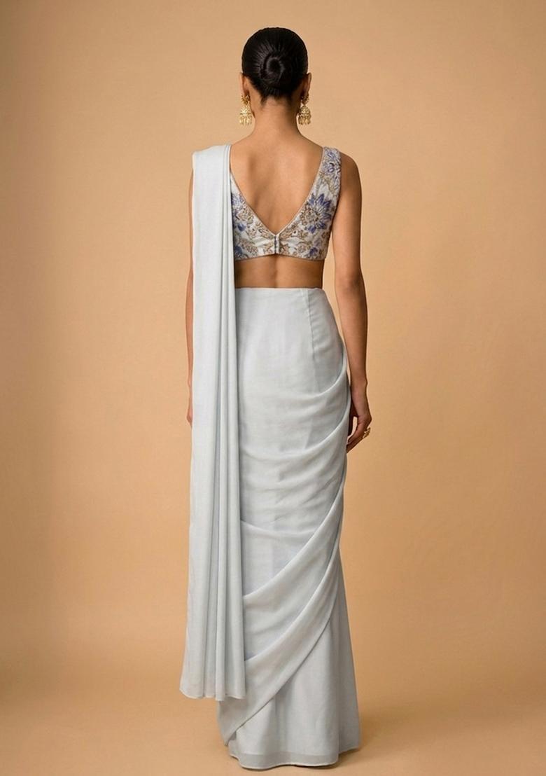 Powder Blue Printed Organza Pre Draped Saree Set - Indya