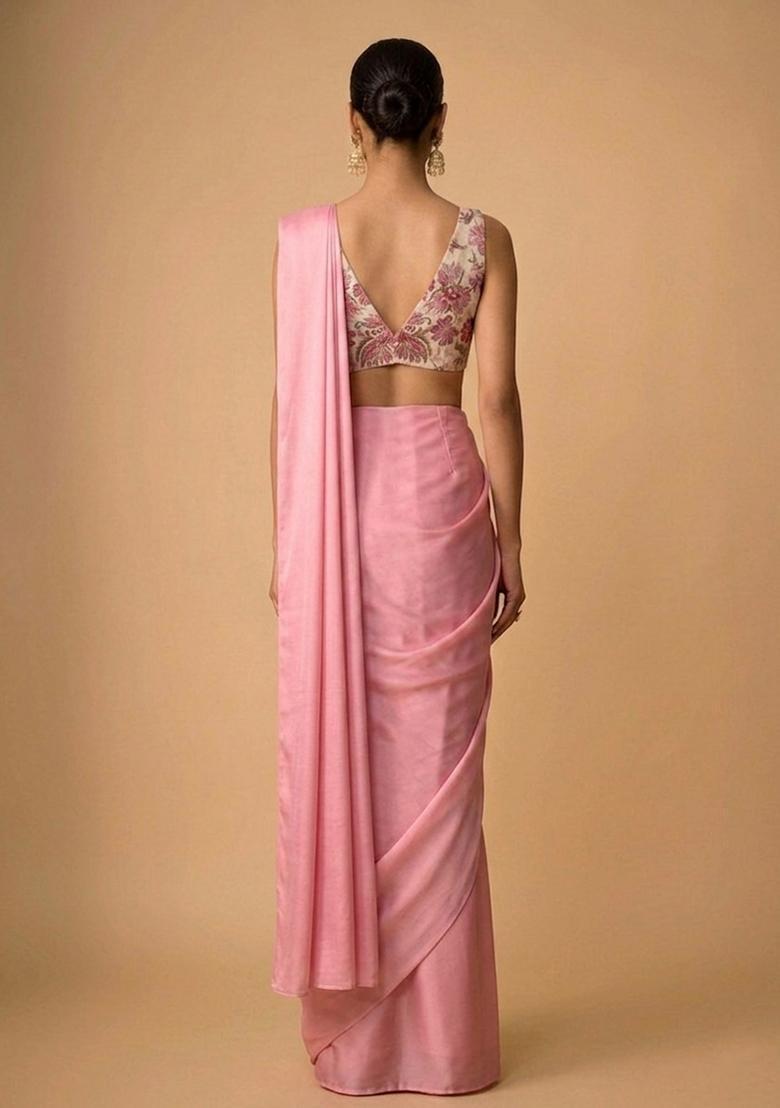 Pink Printed Organza Pre Draped Saree Set - Indya