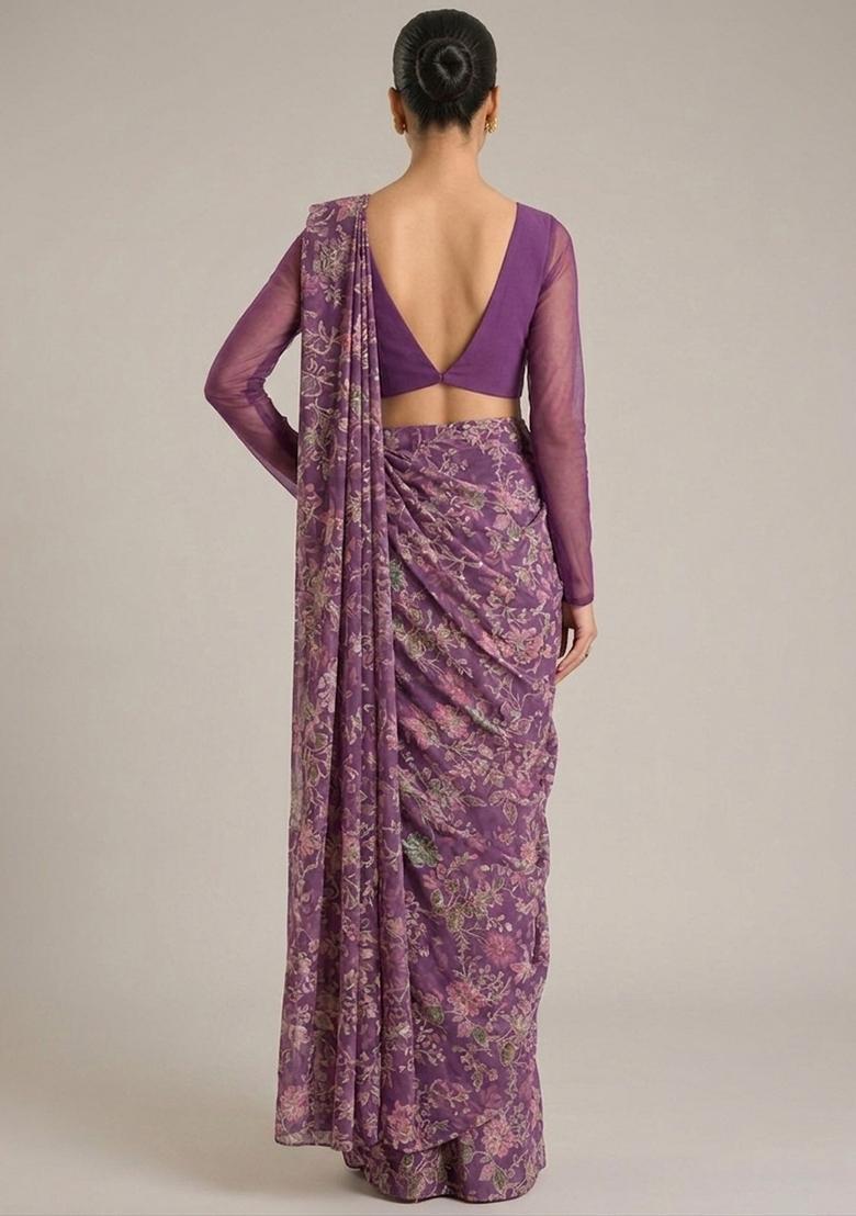 Purple Printed Crepe Pre Draped Saree Set - Indya