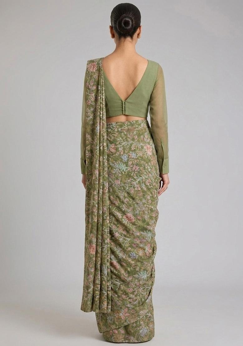 Olive Green Printed Crepe Pre Draped Saree Set - Indya