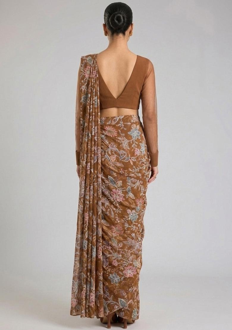 Brown Printed Crepe Pre Draped Saree Set - Indya