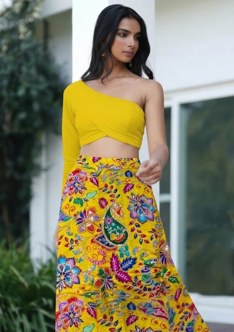 Mustard Yellow Printed Crepe Lehenga Set - Indya