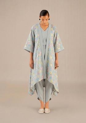 Powder Grey Embroidered Chanderi Fusion Set