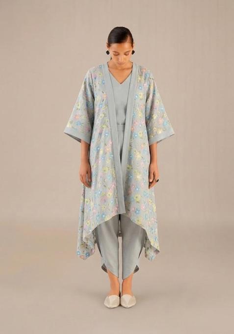 Powder Grey Embroidered Chanderi Fusion Set
