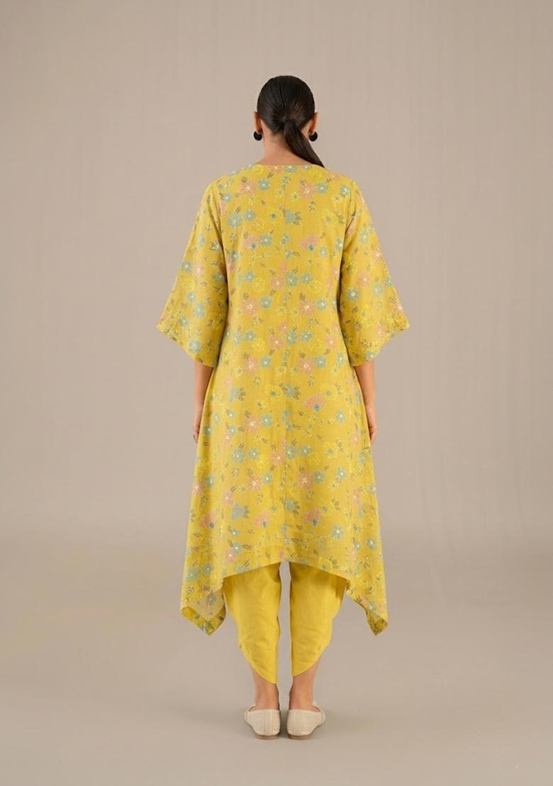 Chartreuse Yellow Embroidered Chanderi Fusion Set - Indya