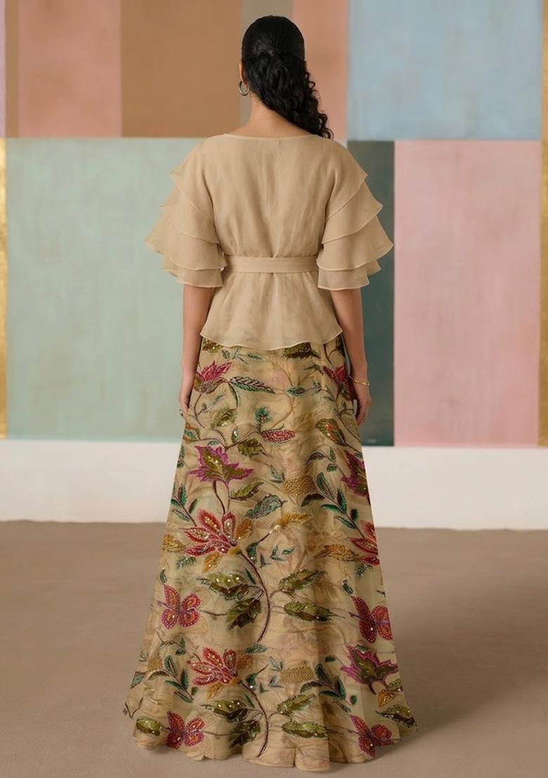Beige Embroidered Organza Lehenga Set - Indya