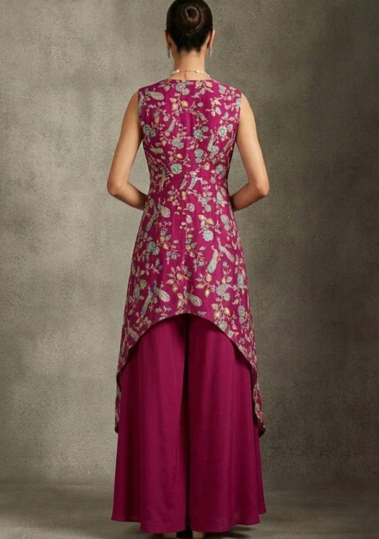 Magenta Pink Printed Crepe Fusion Set - Indya