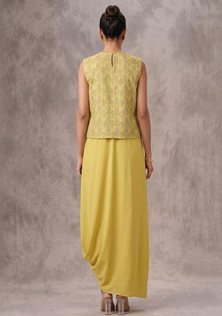Light Yellow Printed Fusion Set - Indya